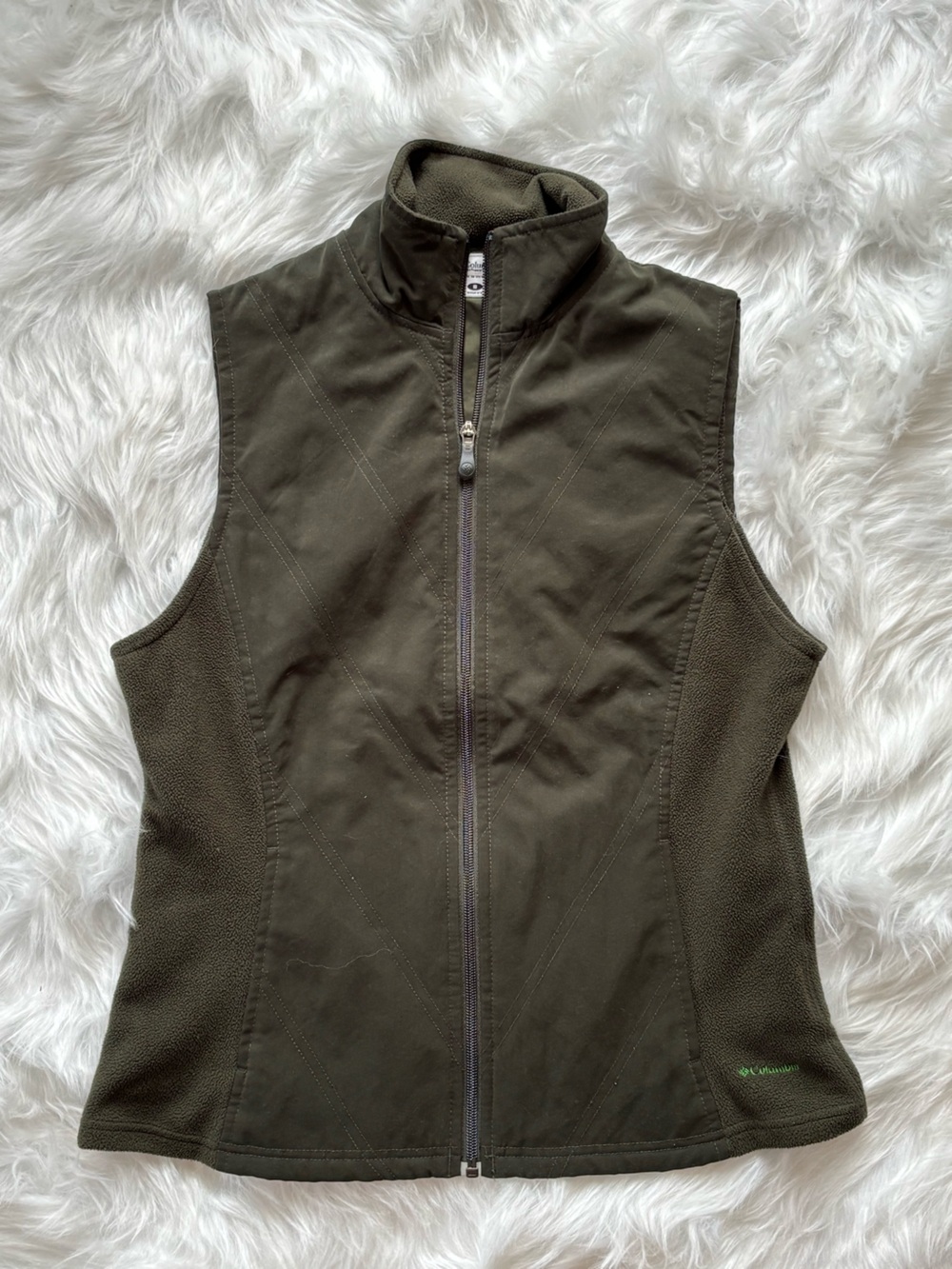 Columbia Olive Green Fleece-Lined Vest with Neon Logo SMALL FALL